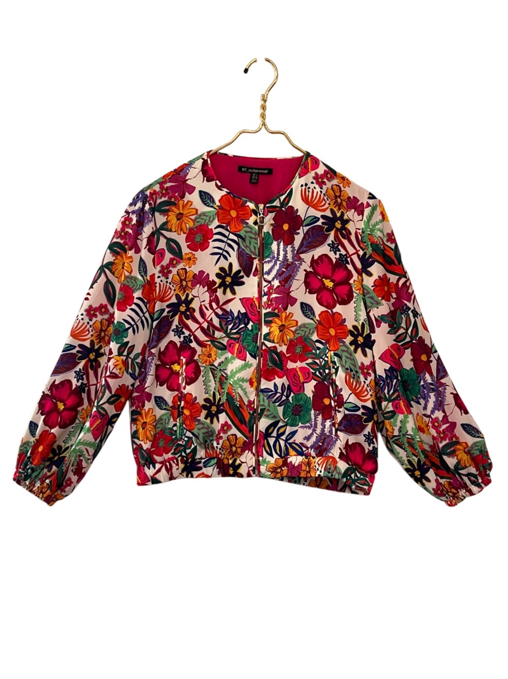 Zara TRF Floral Print Bomber Jacket Style Satin Feel Zip Front Size Small